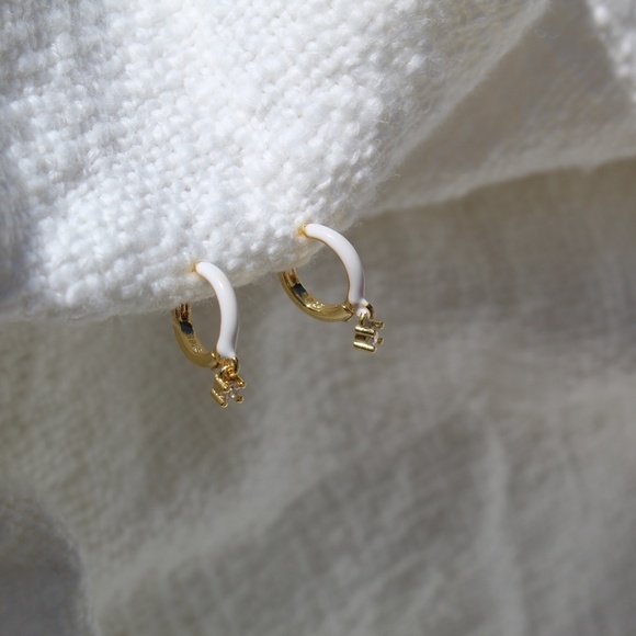 Sterling Silver White Enamel Hoop Earrings with Simulated Diamond - Picture 3 of 11